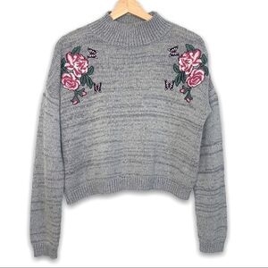 Cloud Chaser Rose Appliqué Crop Grey Sweater